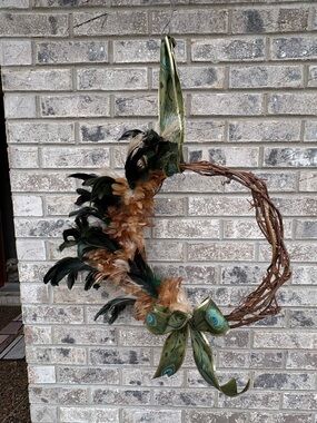 Handmade Green and Brown Feather Holiday Wreath - Home Holiday Decor